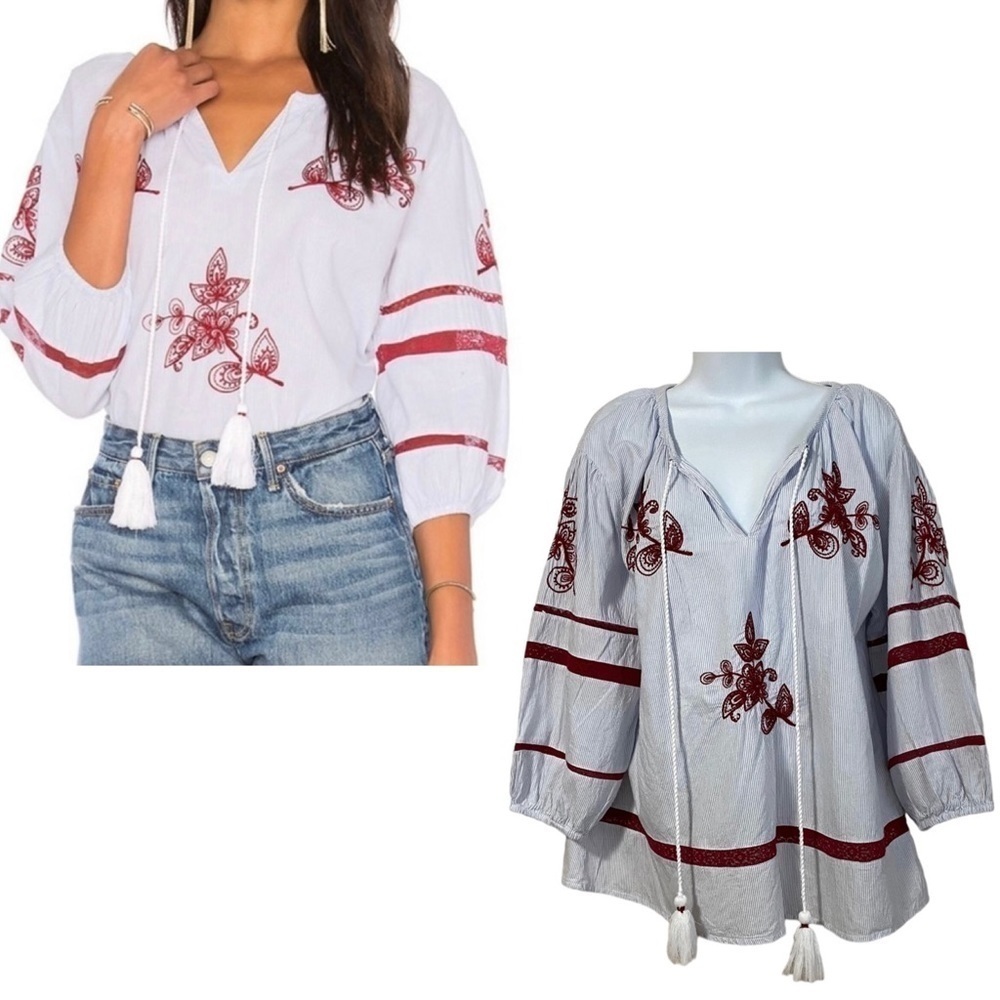 Stripe Cotton Embroidered Top Blouse Large Oversized Beaded Tassel Boho Summer